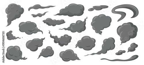 Explosive Smoke Cartoon Clouds, Manga Style Dark Smoke Puffs Swirling Cloud, Bomb Explosion Dust Vapor Steam, Comic Scene Fire Blast Car Exhaust Vector.