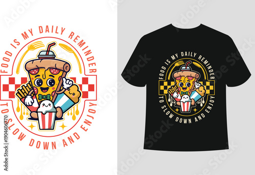 Colorful graphic t shirt designs featuring burgers tacos and pizza illustrations
