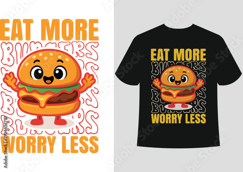 Colorful graphic t shirt designs featuring burgers tacos and pizza illustrations