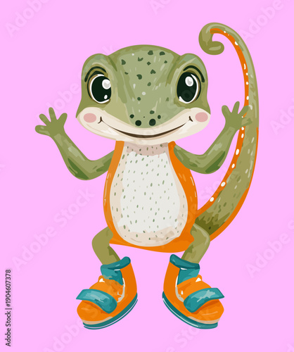 joyful lizard waving hands wearing teal boots for reptile lover gift and nursery decor illustration