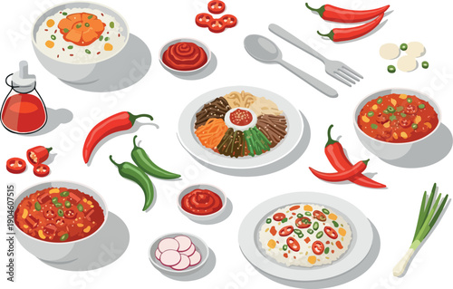 Collection of Delicious Asian Cuisine dishes, rice with spices and chilies, and ingredients like green onions and garlic