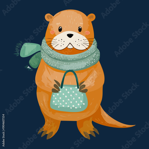 curious beaver wearing teal scarf and carrying small matching bag walking for wildlife educational material design