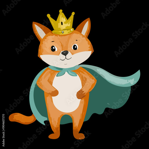 charming fox prince with golden crown and green cape standing confident for fairy tale storybook illustration