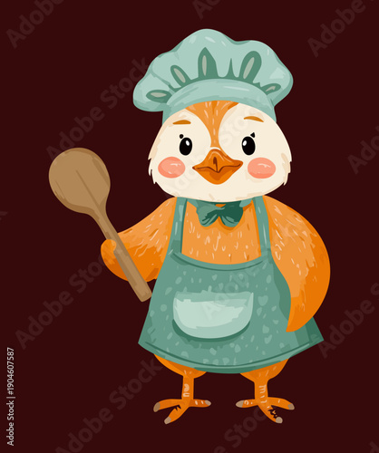 Little squirrel baker wearing teal apron and chef hat holding spoon on dark background