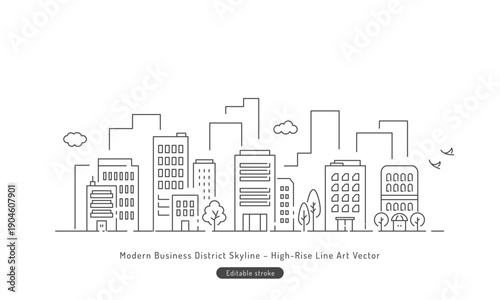 高層ビルが立ち並ぶオフィス街のモダンなベクターイラスト。会社案内やコーポレートサイトの背景に最適。（線画・モノクロ）Editable stroke