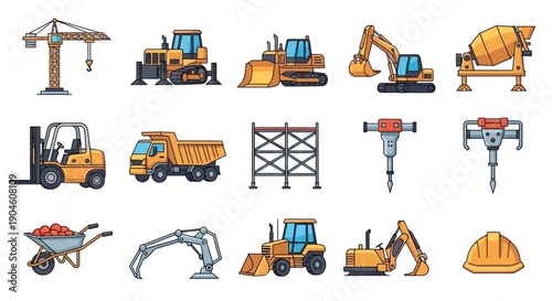 A comprehensive set of construction vehicles, heavy equipment, and tools for building and infrastructure projects on a white background.