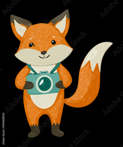 Cool fox photographer holding teal camera and wearing matching scarf for outdoor photography hobby adventure