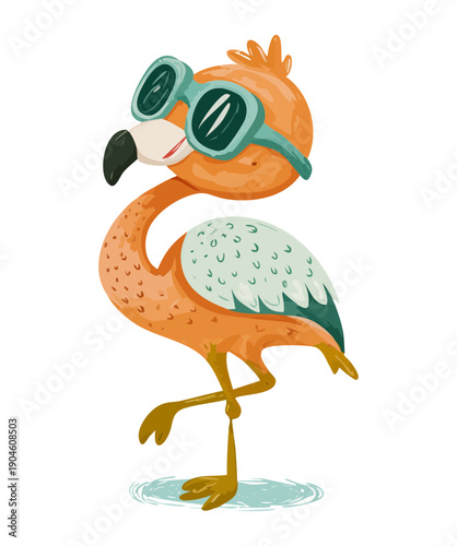 Flamingo wearing green sunglasses and standing on one leg for tropical summer beach holiday vibes