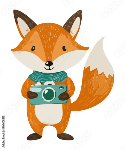 Cute fox holding teal vintage camera wearing green scarf for photography and hobby travel themes