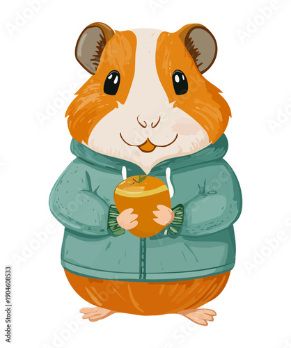 Adorable hamster wearing teal hoodie holding small orange cup of coffee for morning caffeine vibes