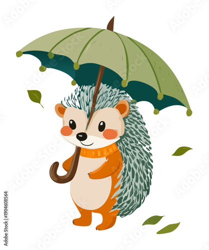 Cute hedgehog holding green umbrella and wearing orange scarf walking in the rainy autumn forest
