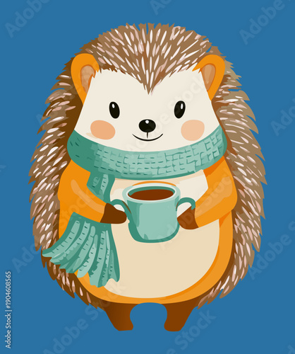 Hedgehog holding coffee cup and wearing blue scarf for cozy winter morning and autumn vibes