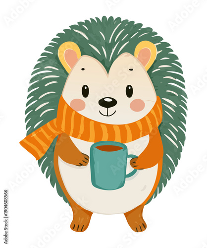 Little hedgehog holding teal cup of tea wearing orange scarf for cold weather cozy concepts