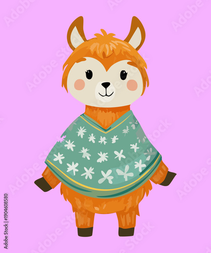 Sweet alpaca wearing pink and green winter sweater with snowflake patterns for christmas holiday season