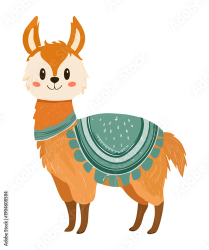 Cute llama wearing teal blanket or sweater standing in the snow for winter holiday themes