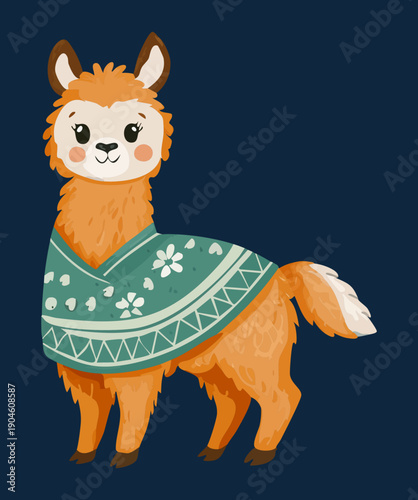 Fluffy alpaca wearing teal patterned sweater for winter fashion and cozy south american animal vibes