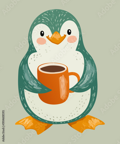 Happy penguin holding orange cup of cocoa with grey background for seasonal winter drink concepts