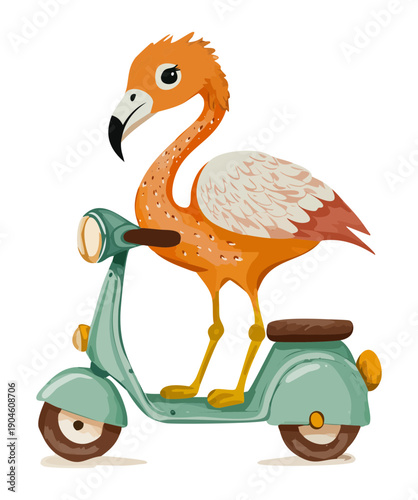 Funny pink flamingo riding a white scooter and wearing sunglasses for summer vacation travel fun