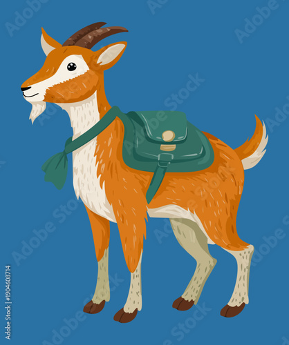 Adventurous mountain goat with teal backpack and matching scarf walking through forest for nature trip