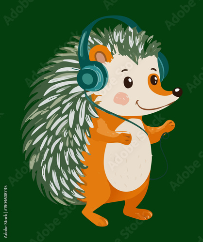 Cool hedgehog character wearing blue headphones and listening to music with green background forest vibes