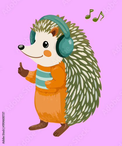 Sweet hedgehog with teal headphones smiling and giving thumbs up while enjoying favorite music tunes