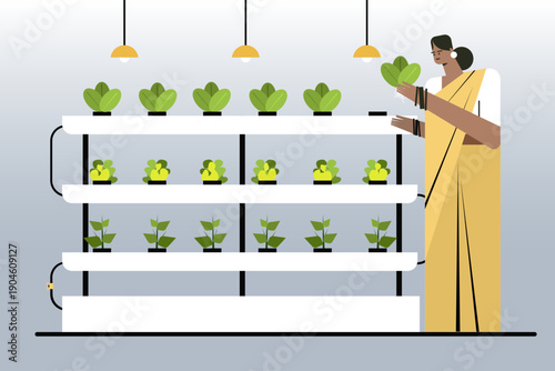 Indian woman farmer harvesting leafy greens from a vertical hydroponic system under grow lights, illustrating modern urban agriculture and sustainable soilless farming
