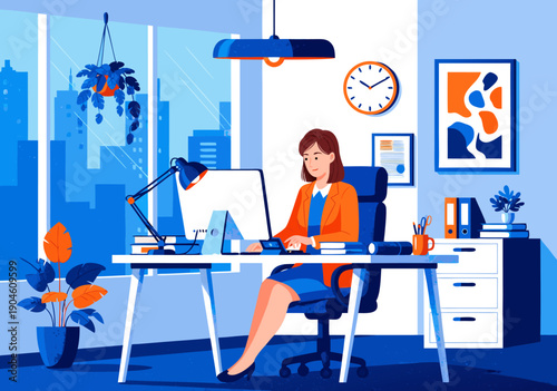 Vector illustration of a woman working on a computer at a modern office desk with cityscape view 9.eps