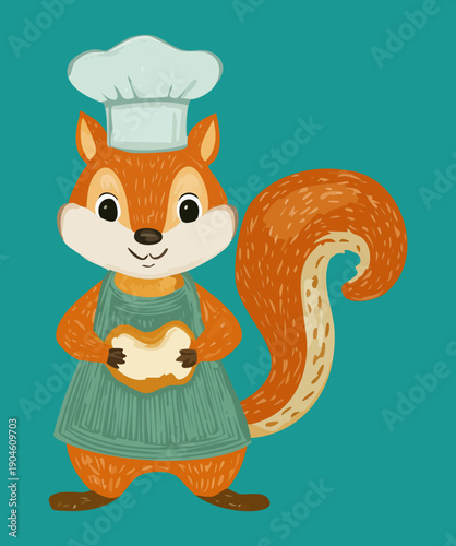 Chef squirrel wearing white hat and holding cookie for restaurant and culinary business concept art illustration