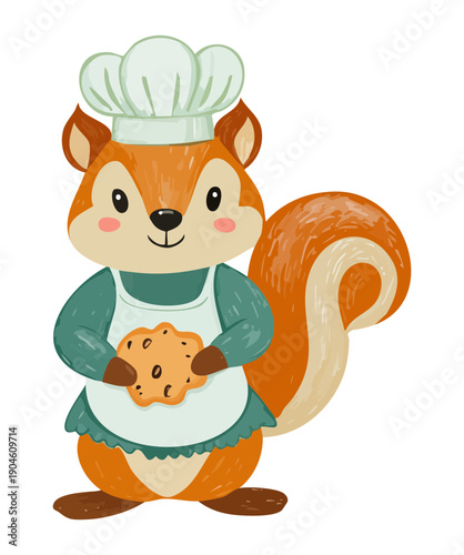 Chef squirrel wearing hat and apron holding cookies for baking and kitchen hobby theme art illustration