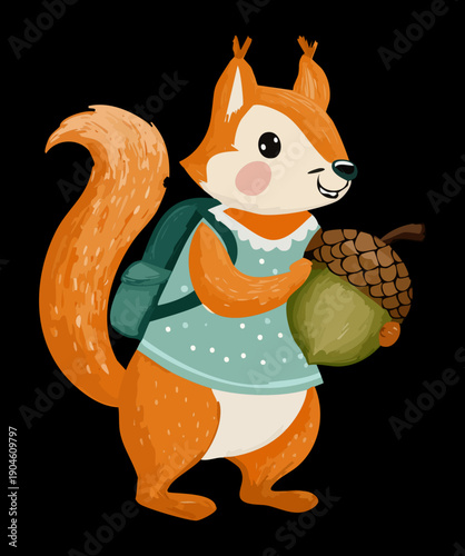 Cute squirrel character wearing sweater and backpack holding acorn for autumn forest and school theme illustration