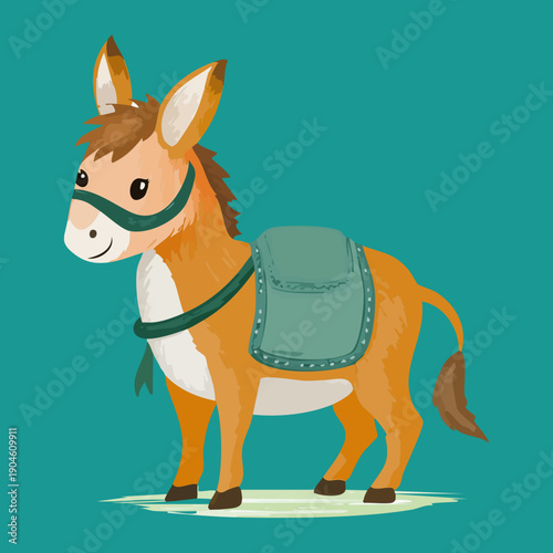 Brown donkey standing in green meadow for farm animal and country life nature concept digital art design illustration