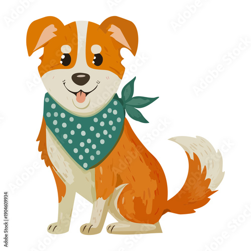 Friendly brown and white dog wearing green bandana sitting happily in outdoor park for pet adoption concept illustration