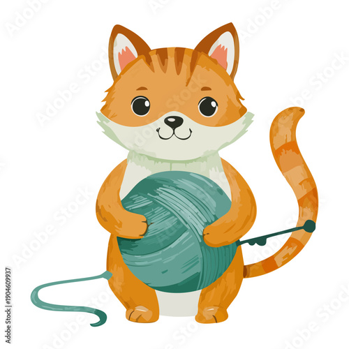 Playful orange kitten holding large ball of green yarn for knitting activity in cozy home pet scene illustration