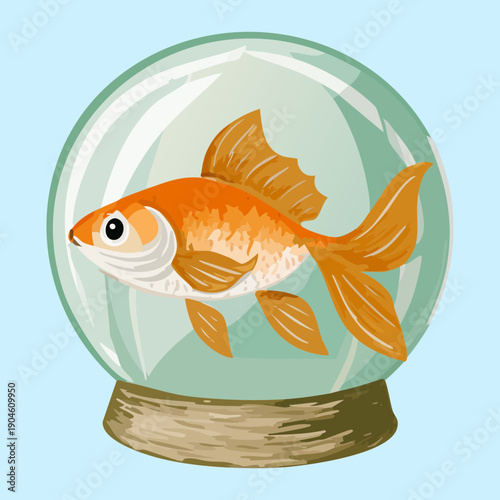 Elegant goldfish swimming inside round glass aquarium with green aquatic plants for home decoration and pet care illustration