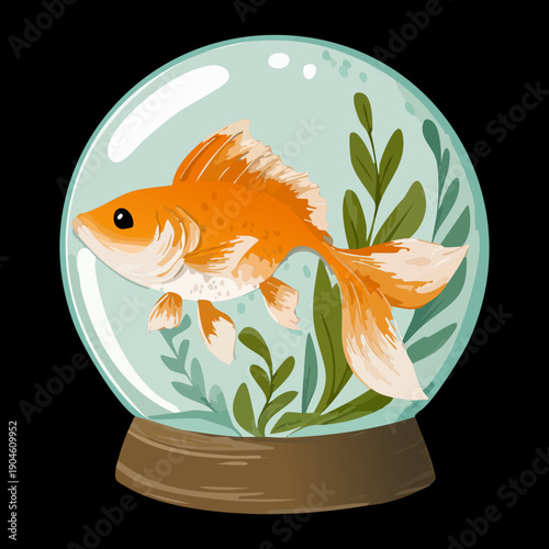 Fancy goldfish with large fins swimming inside glass bowl with plants for peaceful indoor pet aquarium scene illustration