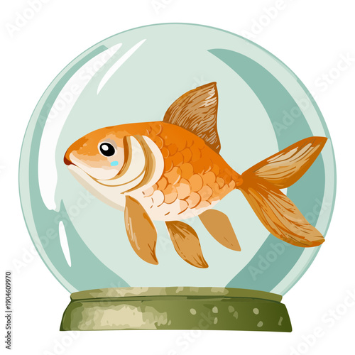 Lovely goldfish with flowing fins swimming inside decorative glass bowl aquarium for home pet concept digital art illustration