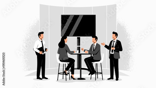 Vector illustration of business people having a discussion at a table in a modern office environment, 18.eps reference