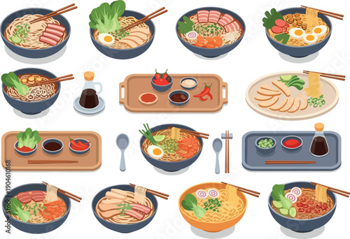 A Delicious Assortment of Asian Noodle Soups and Dumplings Served in Bowls with Chopsticks and Condiments