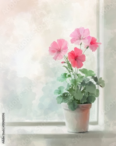 Flowering Pelargonium in a pot on a bright windowsill with delicate line art and soft pastel background