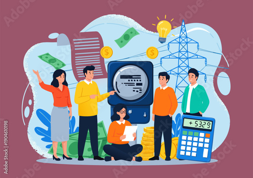 Vector illustration of people working together analyzing financial documents and electricity infrastructure