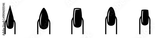 A set of black silhouettes demonstrating different manicure nail shapes on hands. Vector illustration.