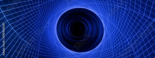 Fotografie Abstract blue neon wireframe wormhole tunnel, geometric lines, circular vortex b