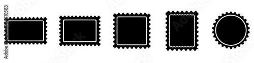A set of black silhouettes of postage stamps of various shapes with white frames inside. Vector illustration.