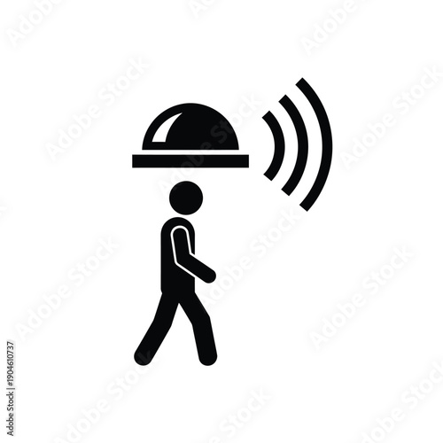 Vector illustration icon black silhouette of a person walking with a covered serving dish on their head and signal waves coming out of it