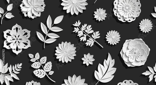 White cut out flowers and leaves on a black background.