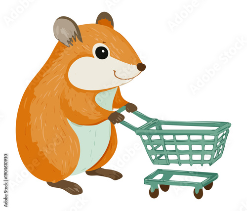 Hamster character pushing a green grocery cart while looking for food in the morning