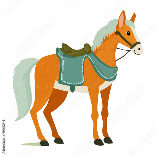 Horse character with an orange coat and green saddle standing against a soft grey background