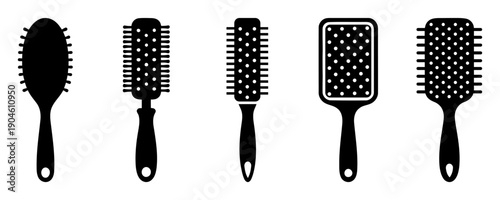 A set of silhouette icons for various professional hairbrushes. Graphic set in black color, including massage, round, and skeleton brushes for styling and daily care. Vector illustration.