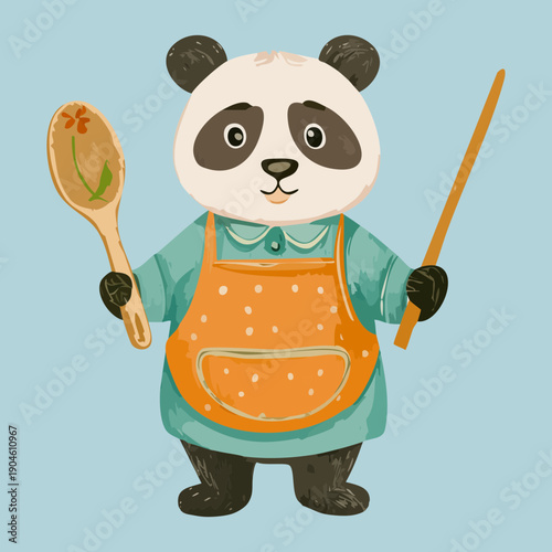 Panda bear character dressed as a cook holding a wooden spoon and bamboo stick
