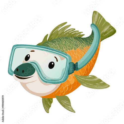 Cute fish swimming in the ocean with green goggles and a snorkel for underwater exploration
